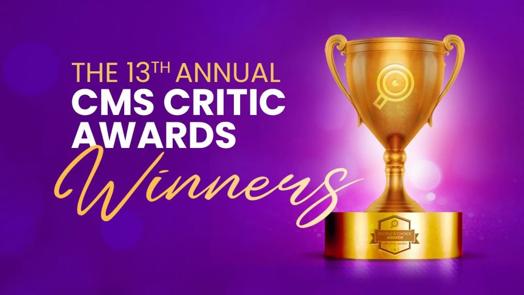 Announcement banner image for Joomla winning CMS Critic Award 2025 with a mostly purple background.
